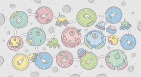 Detailed space adventure mural wallpaper design pattern with moon platforms and rockets by Kids-Mundo