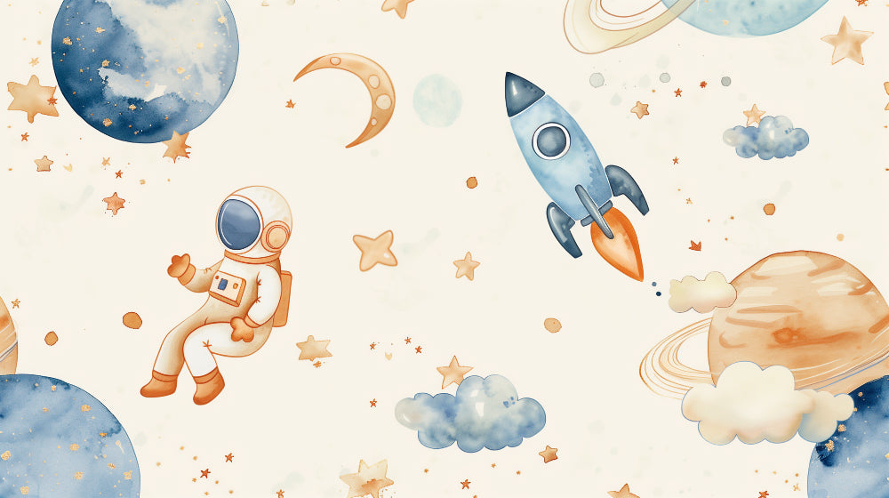 Detailed soft beige space adventure mural wallpaper design pattern by Kids-Mundo