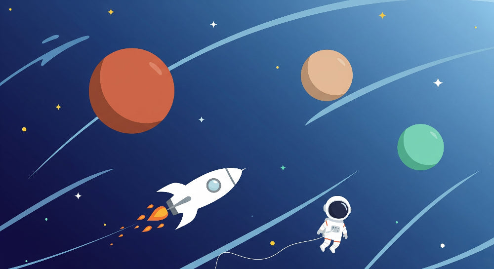 Detailed space adventure mural wallpaper design pattern with astronaut and planets by Kids-Mundo
