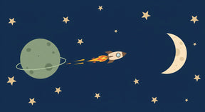 Detailed space adventure mural wallpaper design pattern with rocket, planets and golden stars by Kids-Mundo