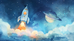 Detailed space adventure mural wallpaper design pattern with rockets and starry planets by Kids-Mundo