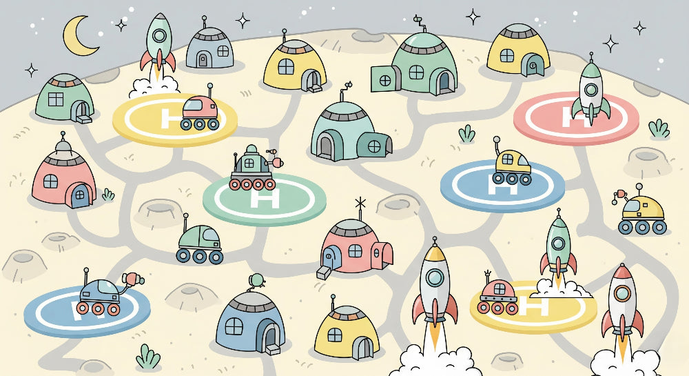Detailed space adventure mural wallpaper design pattern with moon base stations by Kids-Mundo