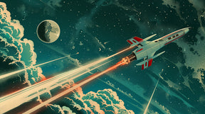 Detailed retro space adventure mural wallpaper design pattern with rockets and starry cosmos by Kids-Mundo