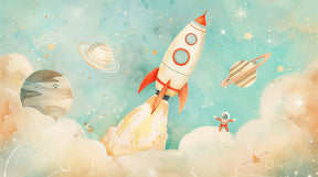 Detailed space adventure mural wallpaper design pattern with rockets and pastel planets by Kids-Mundo