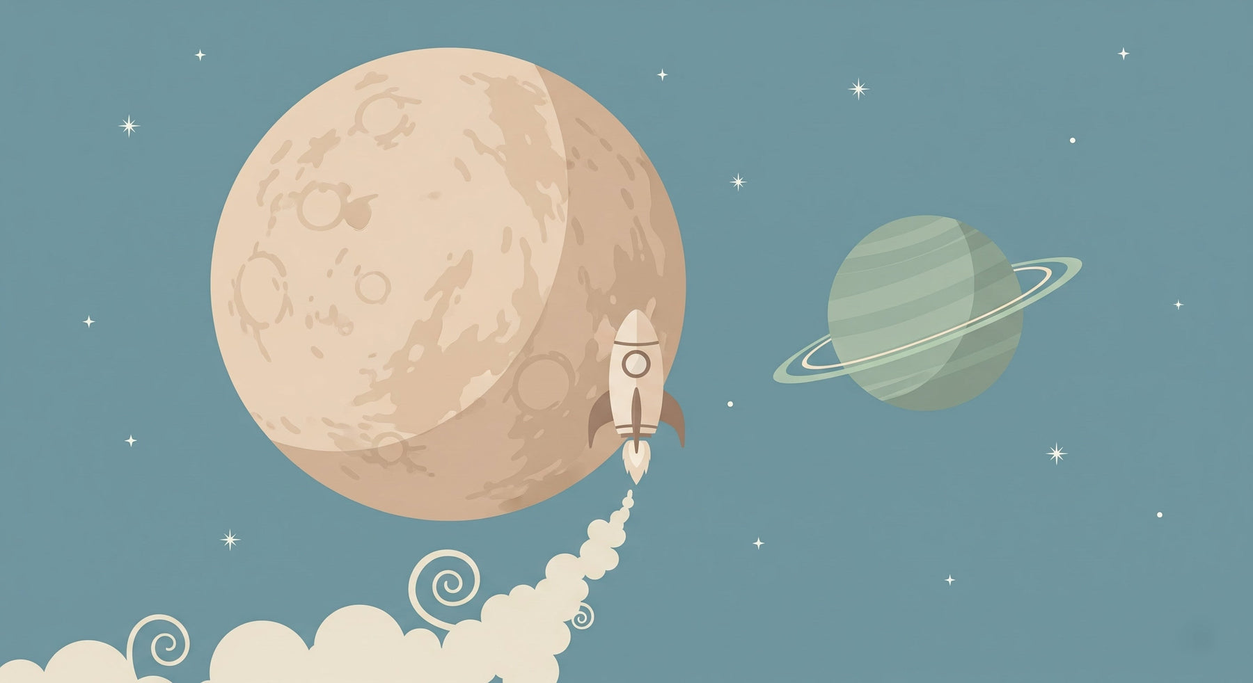 Detailed space adventure mural wallpaper design pattern with rocket, planets and stars by Kids-Mundo