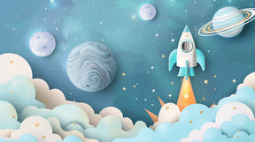 Detailed space adventure mural wallpaper design pattern with rockets and starry planets by Kids-Mundo