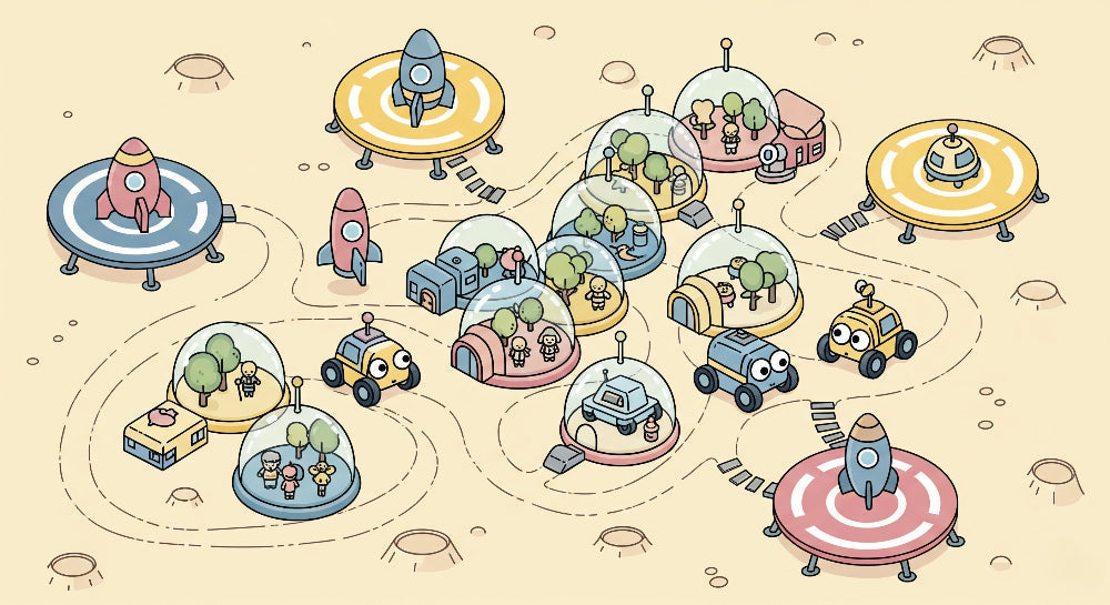Detailed space adventure mural wallpaper design pattern featuring spaceships and alien landscape by Kids-Mundo