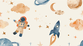 Detailed beige space adventure mural wallpaper design pattern with celestial motifs by Kids-Mundo