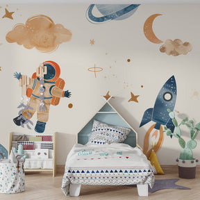 Soft beige space themed mural wallpaper creating calming children's bedroom atmosphere