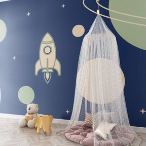 Blue space wallpaper with planets and stars for inspiring kids room by Kids-Mundo