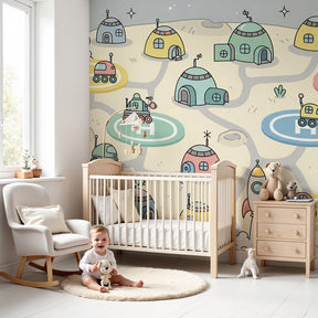 Space adventure mural wallpaper in modern nursery with moon base theme by Kids-Mundo