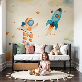 Space adventure mural wallpaper with astronauts and rockets in modern nursery by Kids-Mundo