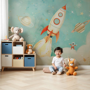 Space adventure mural wallpaper with rockets and planets in modern nursery by Kids-Mundo