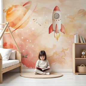 Space adventure mural wallpaper with starry clouds in modern nursery room by Kids-Mundo
