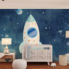 Starry space rocket wallpaper creating cosmic nursery decor with deep blue night sky theme