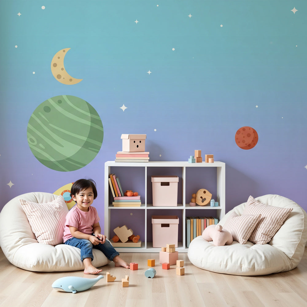 Space adventure mural wallpaper with rocket and planets in modern nursery room by Kids-Mundo
