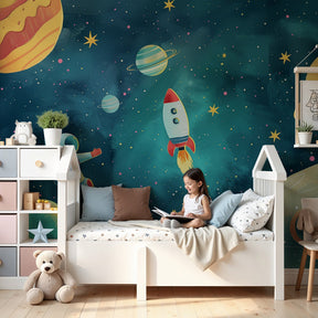 Space adventure mural wallpaper with astronaut and rocket in modern kids nursery by Kids-Mundo