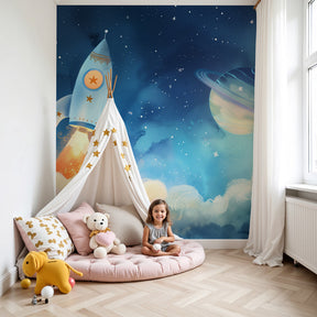 Space adventure mural wallpaper with rockets and planets decorating modern nursery room by Kids-Mundo