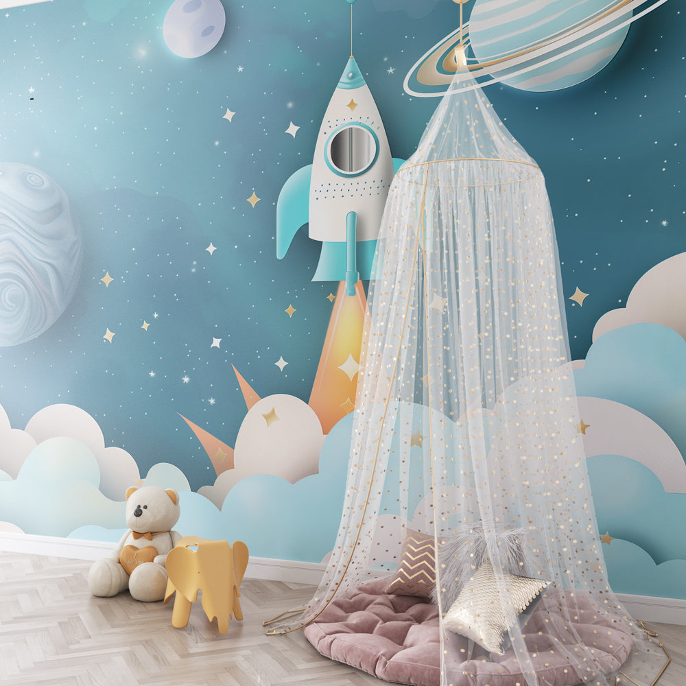 Children's space adventure wallpaper transforming playroom into cosmic exploration zone