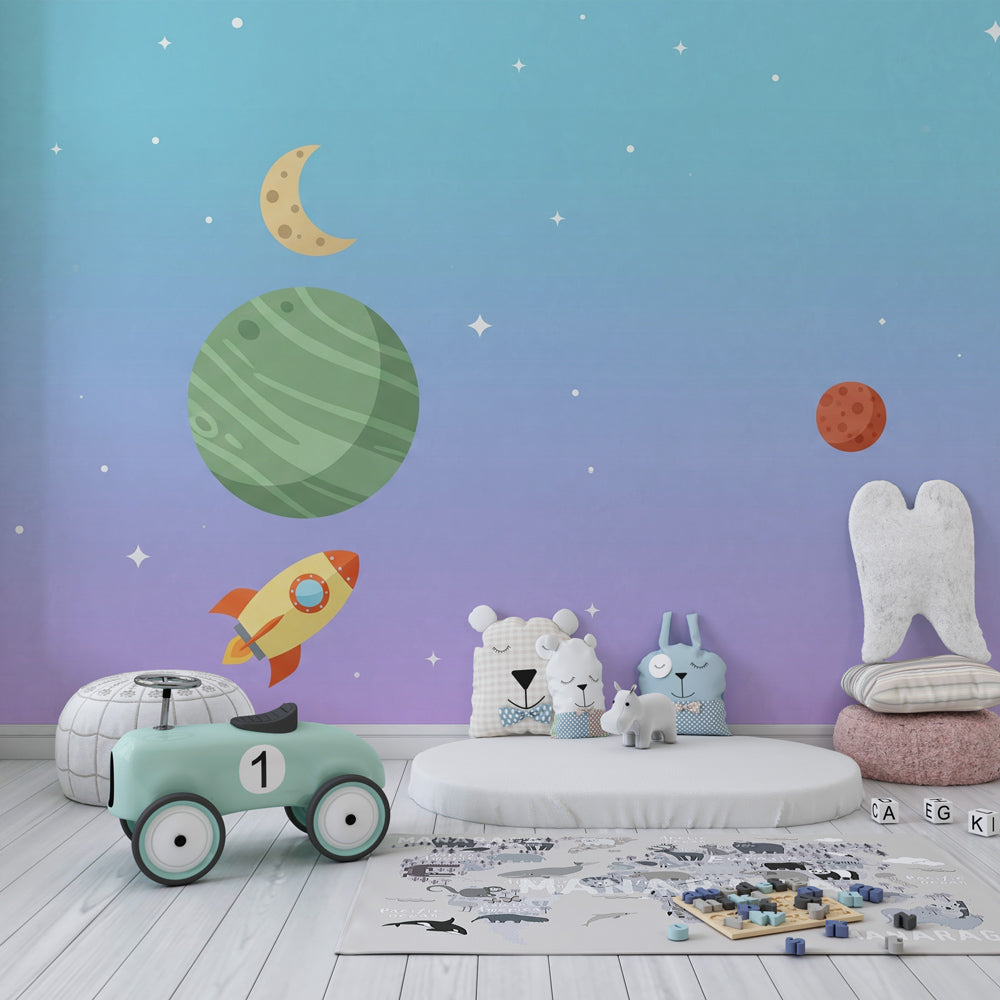 Space themed mural wallpaper featuring rocket ship and planets in bright kids playroom setting