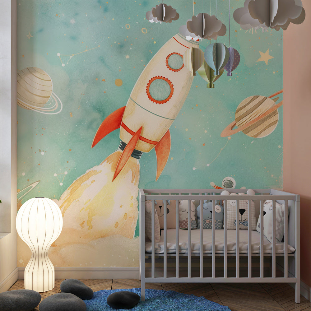 Rocket and planet wallpaper transforming kids playroom into cosmic adventure space
