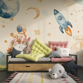 Beige cosmic mural wallpaper inspiring imagination in children's playroom decor