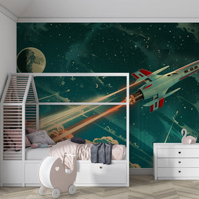 Space adventure wallpaper transforming playroom into cosmic exploration zone for children