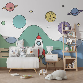 Space themed mural wallpaper featuring rocket and planets in bright children's playroom