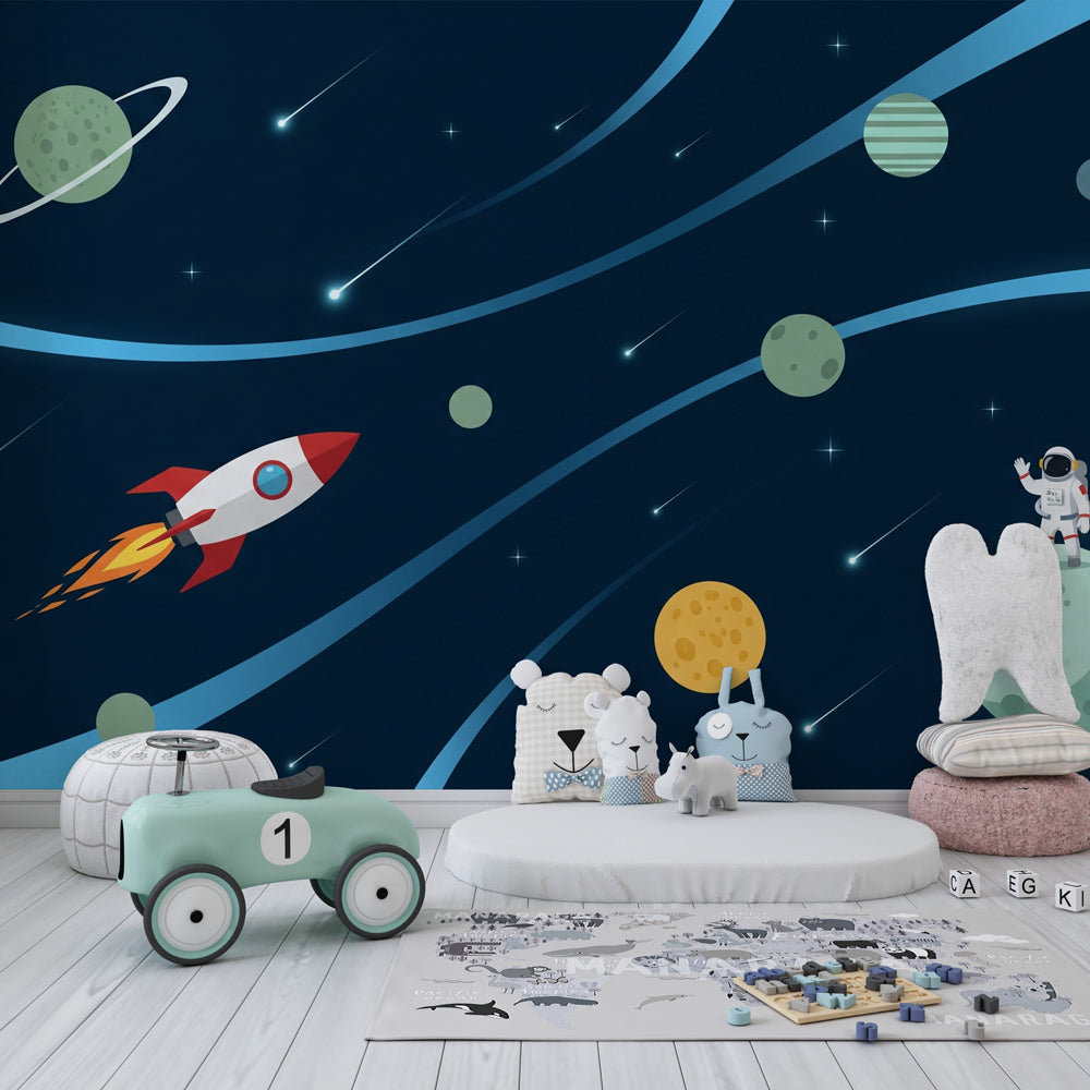 Educational space wallpaper with planets and shooting stars for kids playroom decor