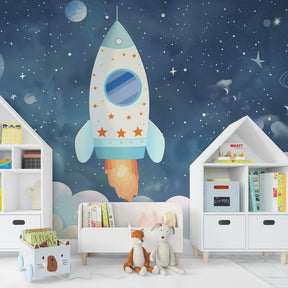 Kids playroom featuring space adventure mural wallpaper with twinkling stars and rockets