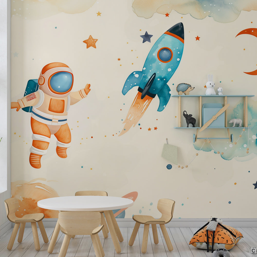 Astronaut and rocket wallpaper transforming children's playroom into space wonderland