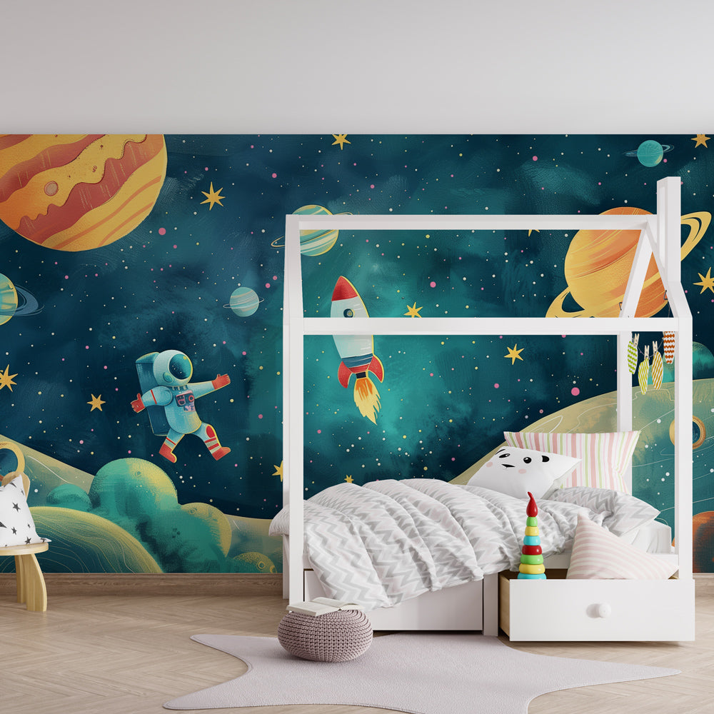 Colorful planets and space mural wallpaper transforming kids playroom into cosmic adventure