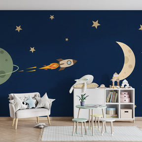 Children's space wallpaper with colorful rocket design transforming playroom into cosmic adventure