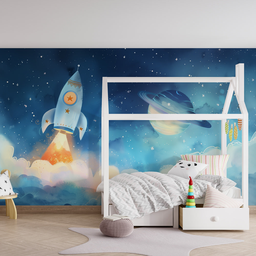 Starry planet wallpaper transforming toddler room into space exploration themed nursery