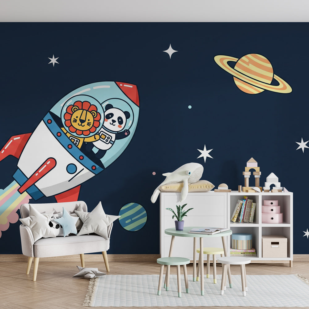Lion astronaut and rocket mural wallpaper transforming kids bedroom into celestial sanctuary