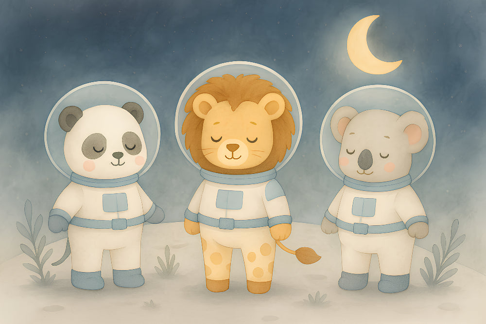 Detailed space animals astronaut mural wallpaper design pattern with moon and stars by Kids-Mundo
