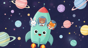 Detailed space animals mural wallpaper design pattern showing rocket ship with cute animal astronauts by Kids-Mundo