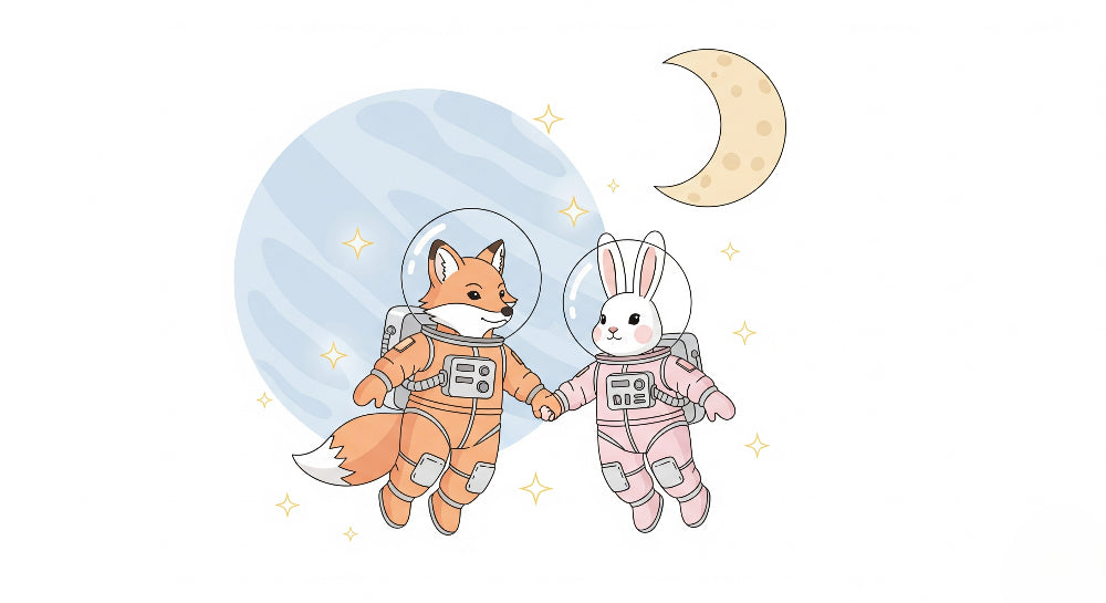 Detailed space animals mural wallpaper design pattern with fox and rabbit astronauts by Kids-Mundo