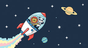Detailed space animals astronaut mural wallpaper design pattern with lions rockets and stars by Kids-Mundo
