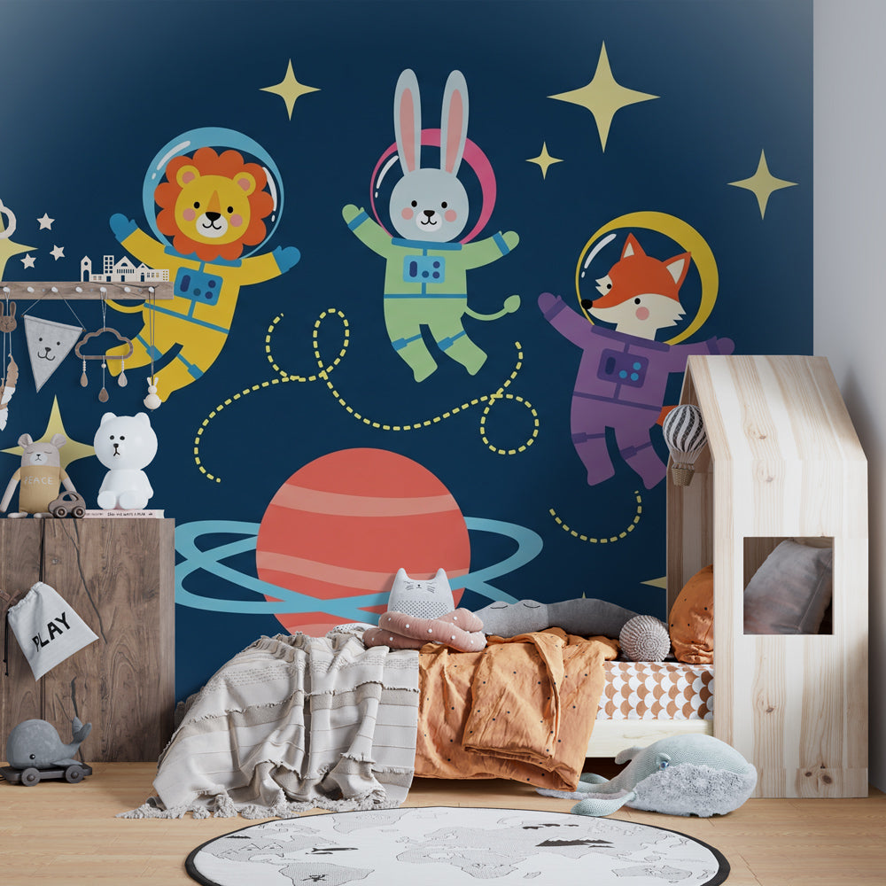 Astronaut animal wallpaper creating magical space-themed children's bedroom decor