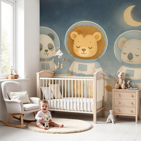 Space animals astronaut mural wallpaper in modern nursery with crib by Kids-Mundo