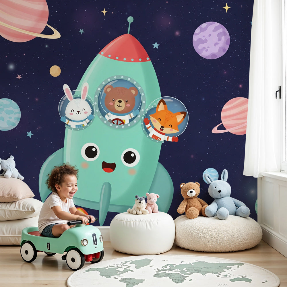 Space animals mural wallpaper with rocket and cute astronauts decorating modern nursery by Kids-Mundo