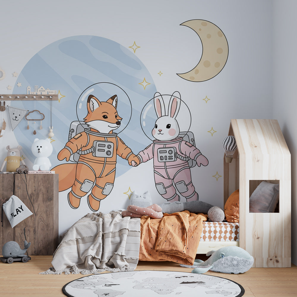Astronaut animals mural wallpaper featuring fox and rabbit in cosmic adventure playroom setting