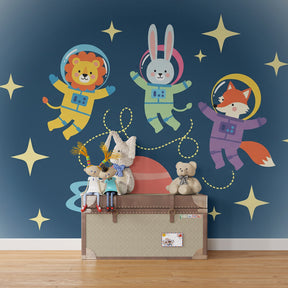 Space adventure mural wallpaper with lion rabbit fox astronauts in colorful playroom