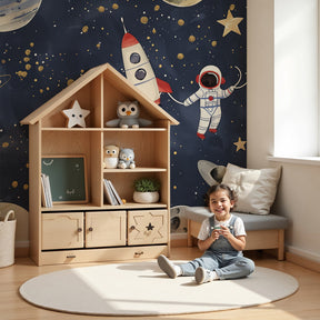 Space astronaut mural wallpaper creating cosmic adventure in modern kids bedroom by Kids-Mundo