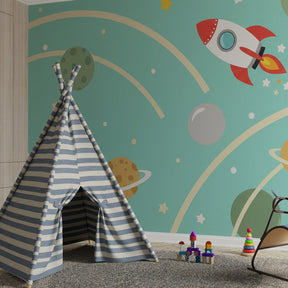 Galaxy adventure wallpaper creating magical space-themed kids bedroom decor with planets and stars