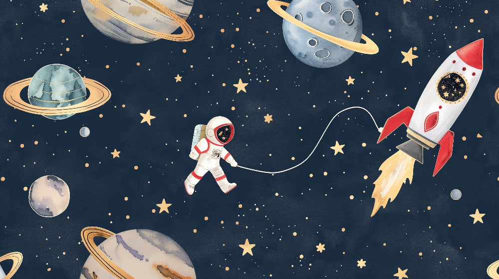 Detailed space astronaut mural wallpaper design pattern with floating astronaut and planets by Kids-Mundo