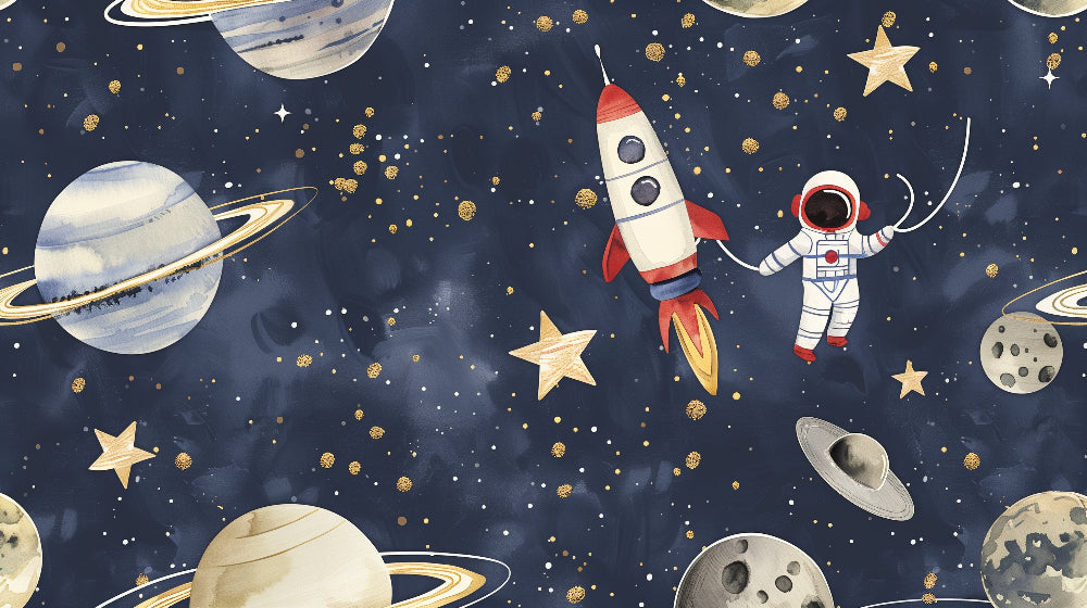Detailed space astronaut mural wallpaper design pattern with rockets and stars by Kids-Mundo
