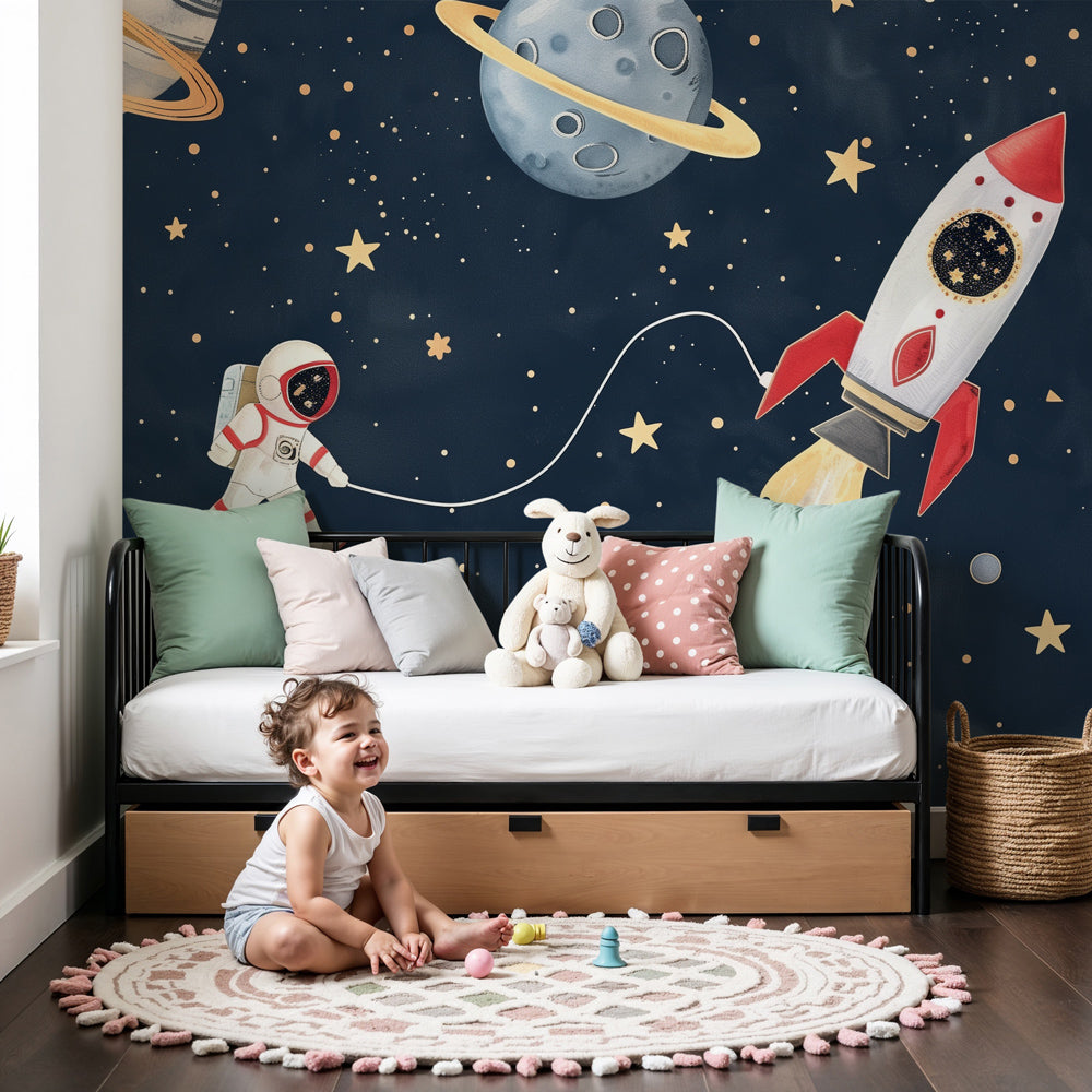 Space astronaut mural wallpaper in modern kids bedroom with blue cosmic theme by Kids-Mundo
