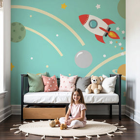 Space astronaut mural wallpaper in modern nursery with cosmic galaxy theme by Kids-Mundo